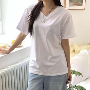 [1 + 1] 여자 미니멀리즘 면원단 V넥 무지컬러 티셔츠