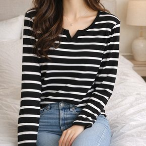 여성 스트라이프 긴팔티 트임넥 슬림핏 단가라 티셔츠