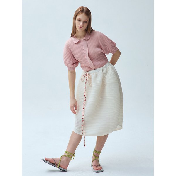 가로 주름 라운드 플리츠 미디 스커트 아이보리