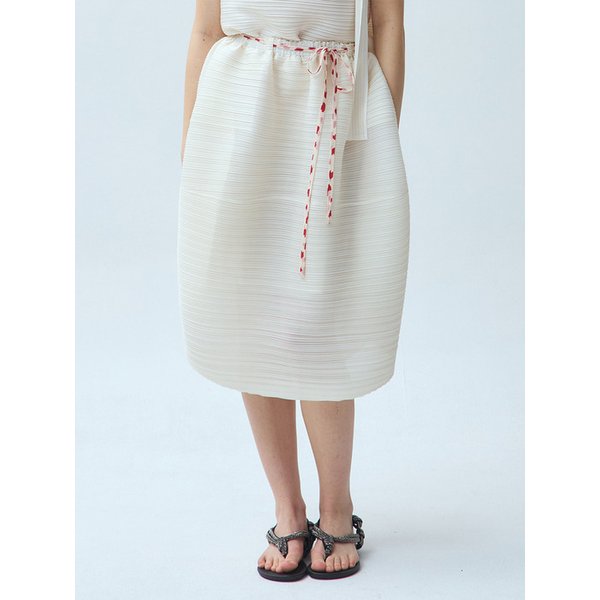가로 주름 라운드 플리츠 미디 스커트 아이보리