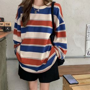 여성 2컬러 레트로 스트라이프 라운드넥 긴팔 티셔츠