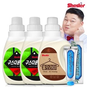 강호동의 쉬슬러 액상 세제 650ml 구스다운워시전용 2개+홈드라이전용 1개+치석케어 치약 100g 1개.