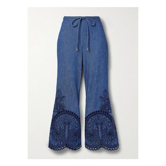 짐머만 코코 벨트 자수 코튼 샴브레이 플레어 팬츠 블루 46376663162884585