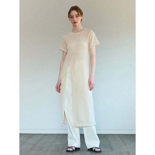 SLIT SUMMER LACE LONG KNIT ONE PIECE CREAM