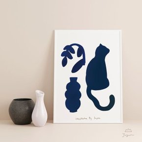 고양이, 화병, 식물 푸른 아트포스터
