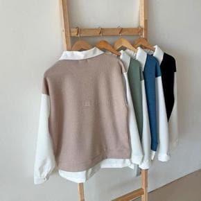 남자 드롭숄더 레이어드 V넥 카라 골지 긴팔 티셔츠