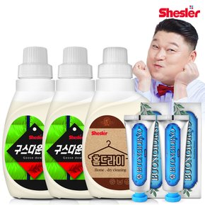 강호동의 쉬슬러 액상 세제 650ml 구스다운워시전용 2개+홈드라이전용 1개+치석케어 치약 100g 2개.