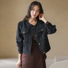 세이즈 스티치 아웃 포켓 노카라 세미 크롭 데님 자켓