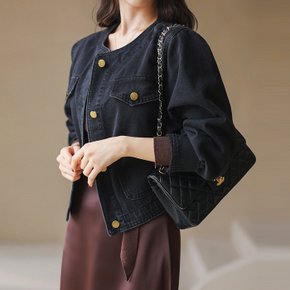 세이즈 스티치 아웃 포켓 노카라 세미 크롭 데님 자켓
