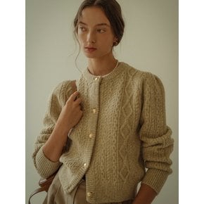 Paisley puff cable round-neck cardigan(Light beige)