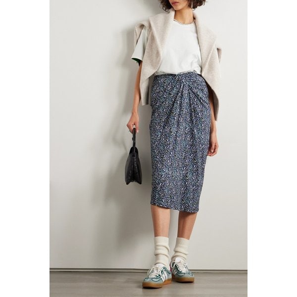 에뜨왈 젤디아 드레이프 프린트 스트레치 저지 미디 스커트 블루 1647597325984461