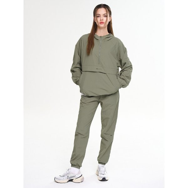 [SET] 캠프 우븐 바람막이 후드 집업 아노락 자켓 셋업 + 러닝 조거팬츠 세트 W 카키