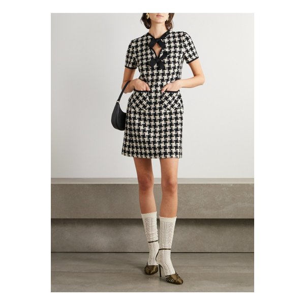 리본 장식 크레이프 트림 체크 트위드 미니 원피스 1647597350345672