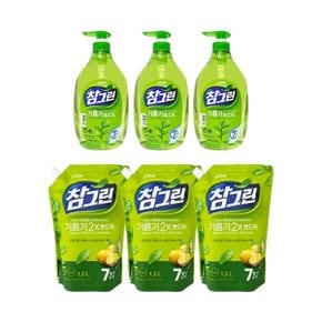 참그린 주방세제 녹차 기름기 뽀드득 용기 1kg x3 + 리필 1.2L x3