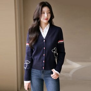 더블퍼피 자수 배색 테잎 브이넥 니트 가디건