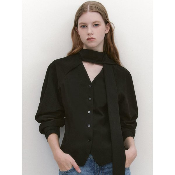Raglan Sleeve Tie Neck Blouse BLACK