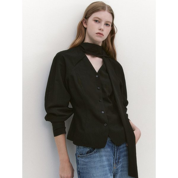 Raglan Sleeve Tie Neck Blouse BLACK