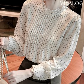 에밀리 프릴넥 핀턱 도트 블라우스_P334515497