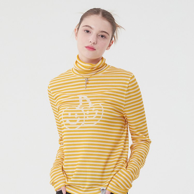 ☆KIRSH☆ Big Doodle Cherry High Neck Striped T-Shirt Mustar BIG DOODLE CHERRY HIGH NECK STRIPE T-SHIRT [MUSTARD] - SSG.COM