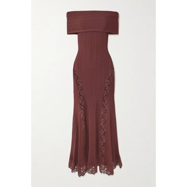 오프더숄더 레이스 트림 리브 니트 미디 원피스 46376663163017669