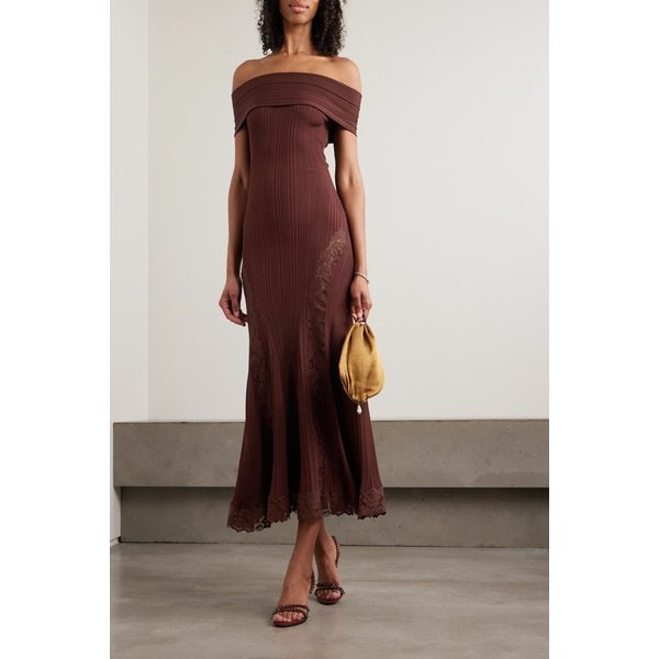 오프더숄더 레이스 트림 리브 니트 미디 원피스 46376663163017669