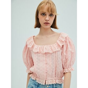 오프닝선샤인 Lace Ruffle Crop Blouse_Coral Pink