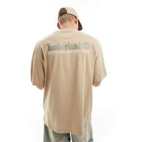 팀버랜드 라지 스크립트 로고 백 프린트 오버핏 반팔 티셔츠 베이지 한정판 아소스