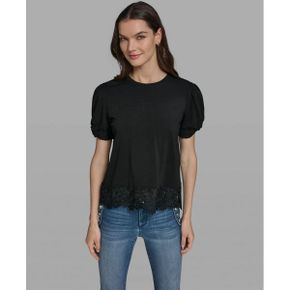칼라거펠트 우먼 레이스 트림 크루넥 Short-Sleeve 플로랄 Crochet-Trim 탑 - 블랙 25909892 139