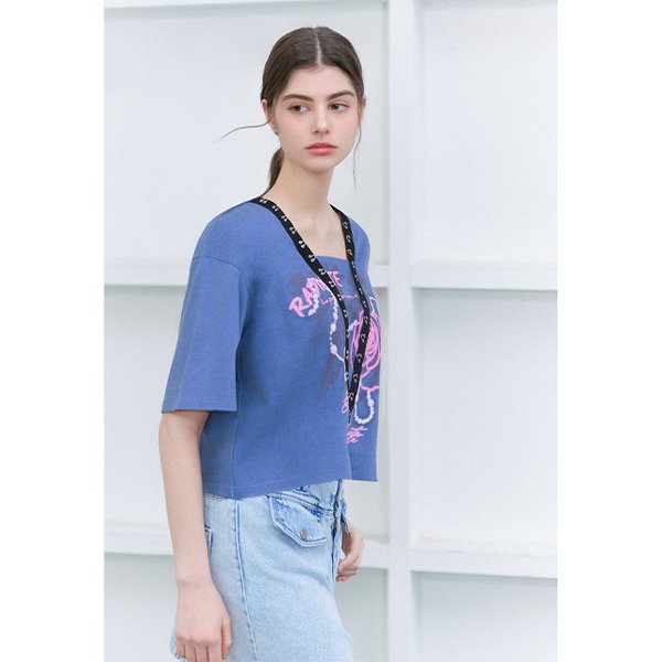 [시흥점] 여성 걸고리 테이프 포인트 프린트 반팔 티셔츠 (ES2CH860)