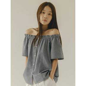 Seersucker Off Shoulder Navy Blouse