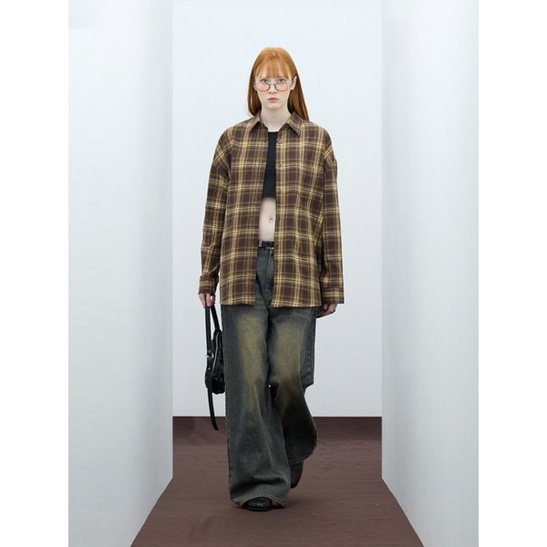 85-VIVA062 신스 오버핏 포켓 긴팔 체크 셔츠 브라운