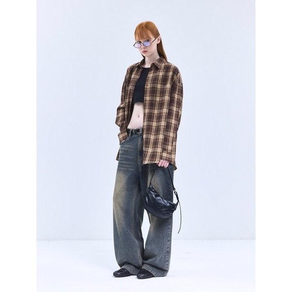 85-VIVA062 신스 오버핏 포켓 긴팔 체크 셔츠 브라운