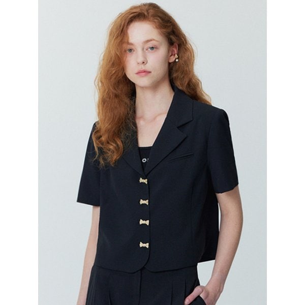 SET_Ribbon button crop jacket_two tuck pants_black