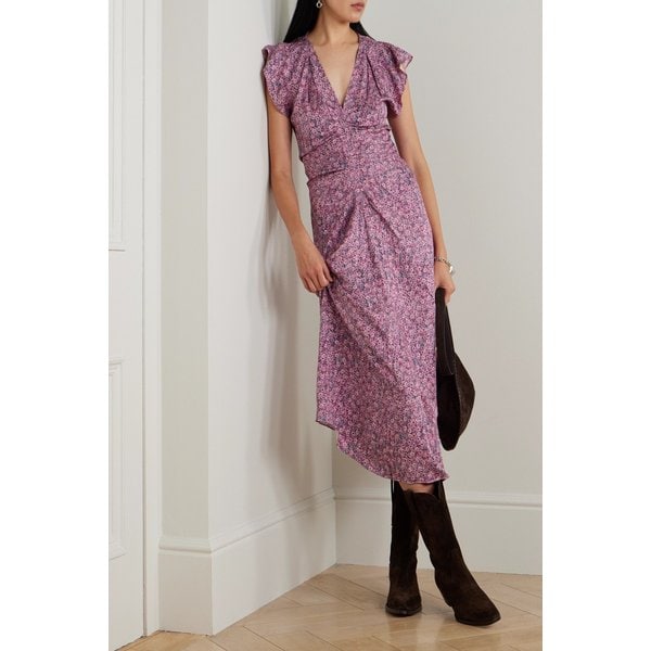 린제이 개더 프린트 새틴 미디 원피스 46376663162989409