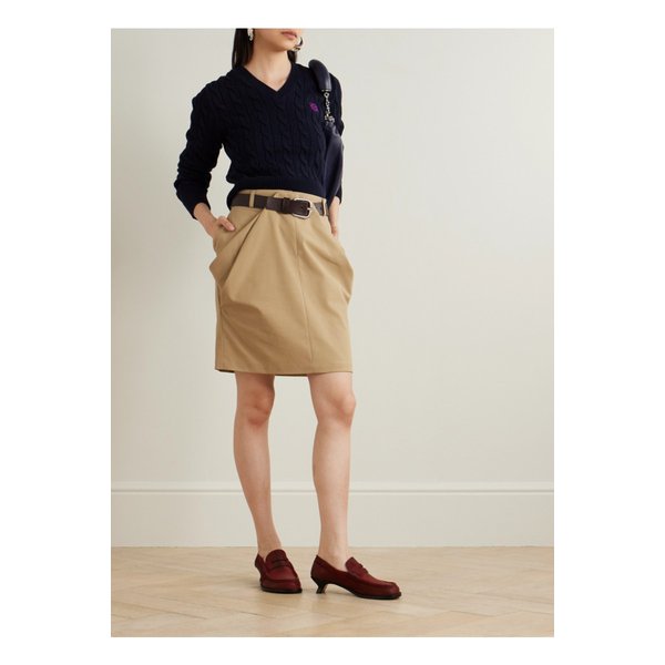 벨티드 드레이프 가죽 트리밍 코튼 트윌 미니 스커트 1647597340562218