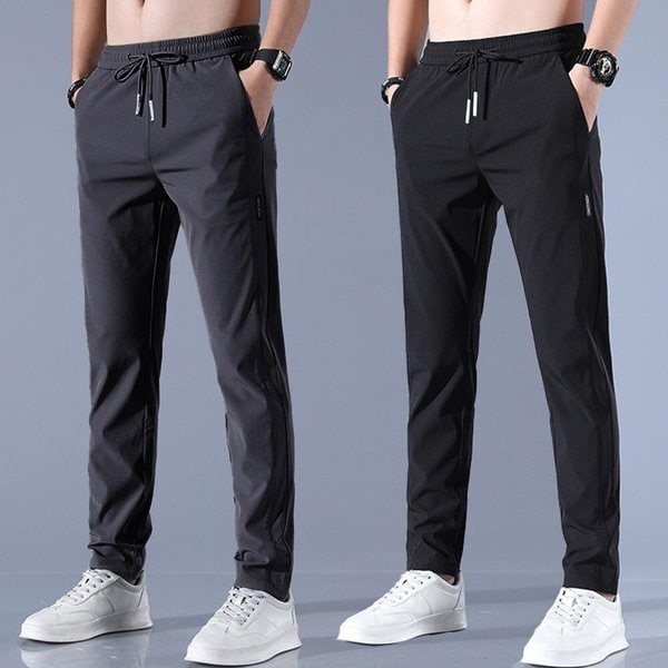 [옷자락] 남자 블랙 차콜 일자핏 스판 밴딩 쿨링 팬츠