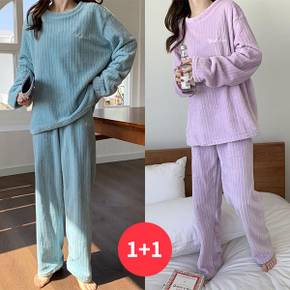/ NT3131 여성 1 + 1 무지 극세사 긴팔 파자마 잠옷 세트