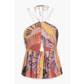 Cutout printed plissé-crepe halterneck top 핑크 1647597337178384