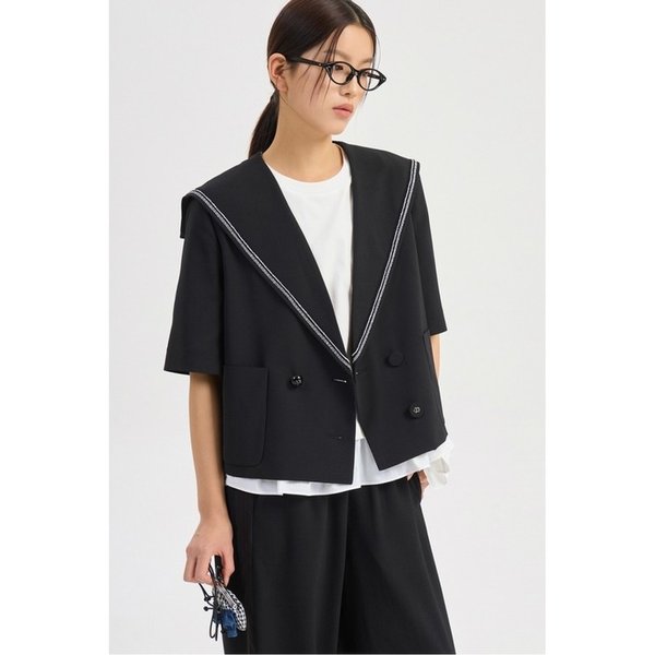 Sailor Back Pleats Short Sleeve Poly Jacket (black) LFJAM26430BKX