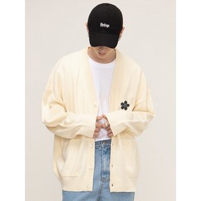 [UNISEX]블랙 플라워도트 자수 니트 가디건_크림