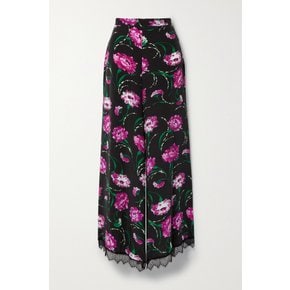 Lace-trimmed Floral-print Silk Crepe De Chine Wide-leg Pants 블랙