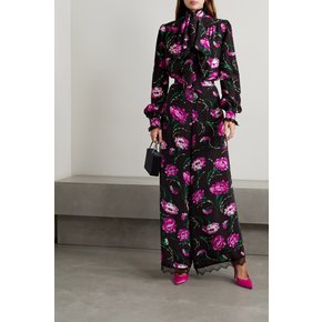 Lace-trimmed Floral-print Silk Crepe De Chine Wide-leg Pants 블랙