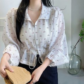 체리 도트 시어 시폰 셔링 스트링 크롭 집업 블루종 블라우스_P392406927