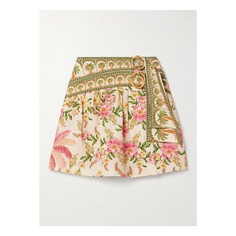 FARM RIO 팜리오 벨트 랩 이펙트 플리츠 플로럴 프린트 리넨 미니 스커트 멀티컬러 46376663162869590