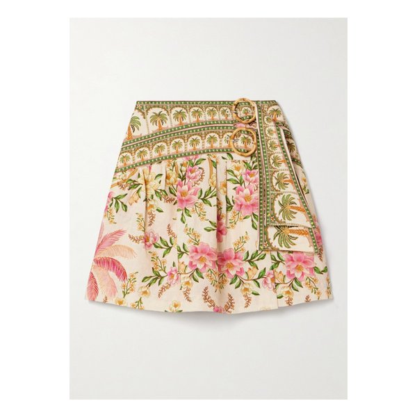 팜리오 벨트 랩 이펙트 플리츠 플로럴 프린트 리넨 미니 스커트 멀티컬러 46376663162869590
