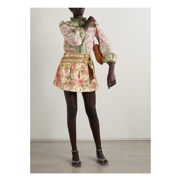 팜리오 벨트 랩 이펙트 플리츠 플로럴 프린트 리넨 미니 스커트 멀티컬러 46376663162869590