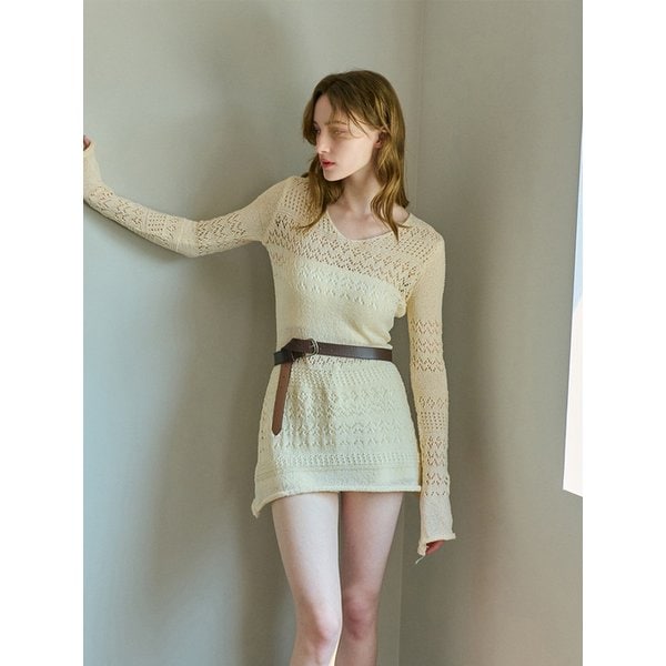 V-NECK LACE KNIT ONE PIECE BEIGE