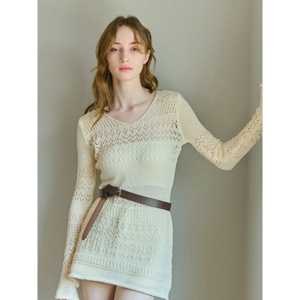 V-NECK LACE KNIT ONE PIECE BEIGE