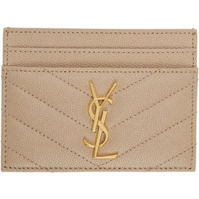 YSL 골드톤 모노그램 로고 퀼트 그레인 레더 카드홀더 베이지