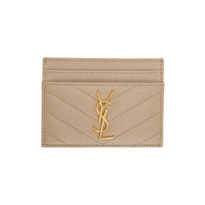 YSL 골드톤 모노그램 로고 퀼트 그레인 레더 카드홀더 베이지